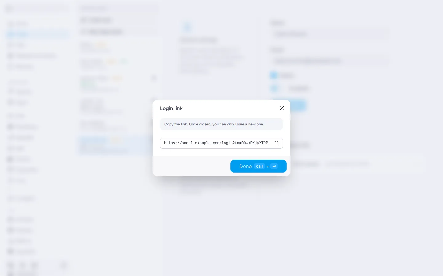 “Login link” window with the issued link