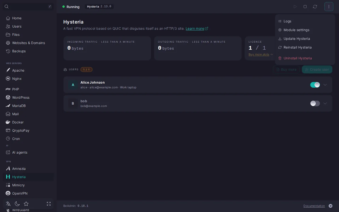 Expanded Hysteria action menu with Logs, Module settings, Update Hysteria, Reinstall Hysteria, and Uninstall Hysteria items