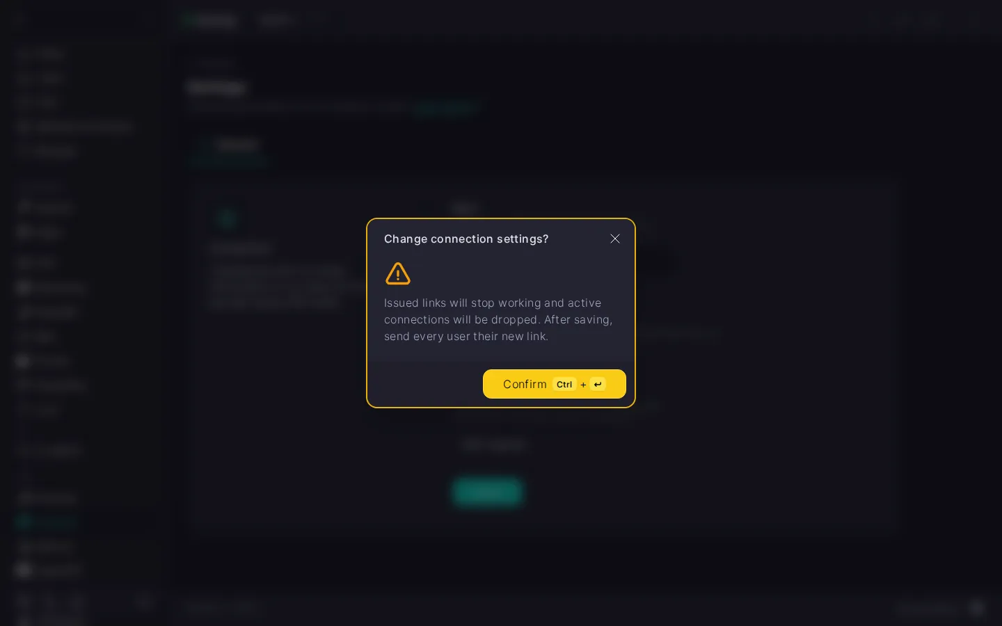Confirmation dialog for changing the Hysteria connection settings, warning that issued links will stop working