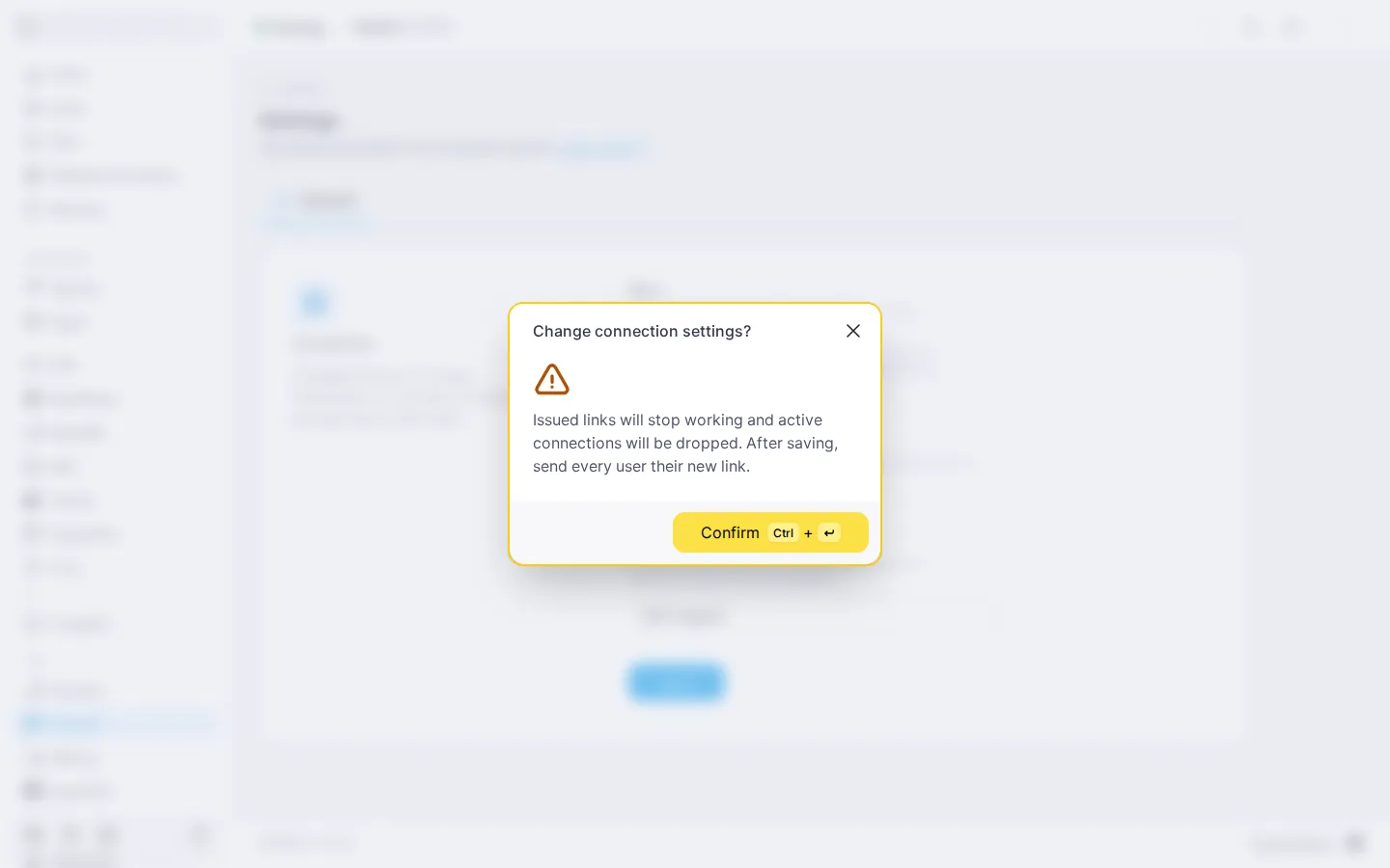 Confirmation dialog for changing the Hysteria connection settings, warning that issued links will stop working