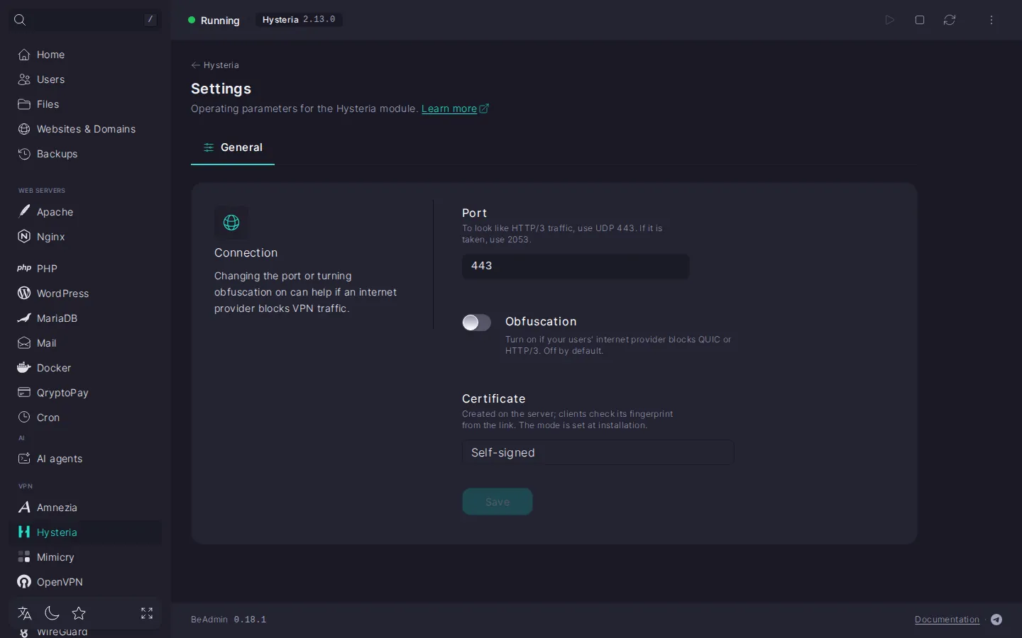 The Connection group on the General settings page of the Hysteria module: Port field, Obfuscation toggle, and Certificate value
