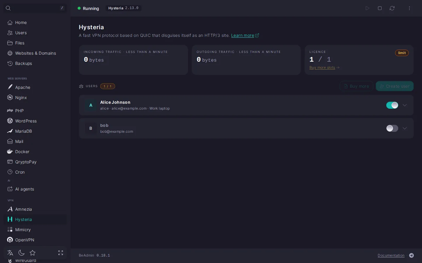 Hysteria module page header: state indicator, Hysteria chip, start, stop, and restart buttons, and the action menu