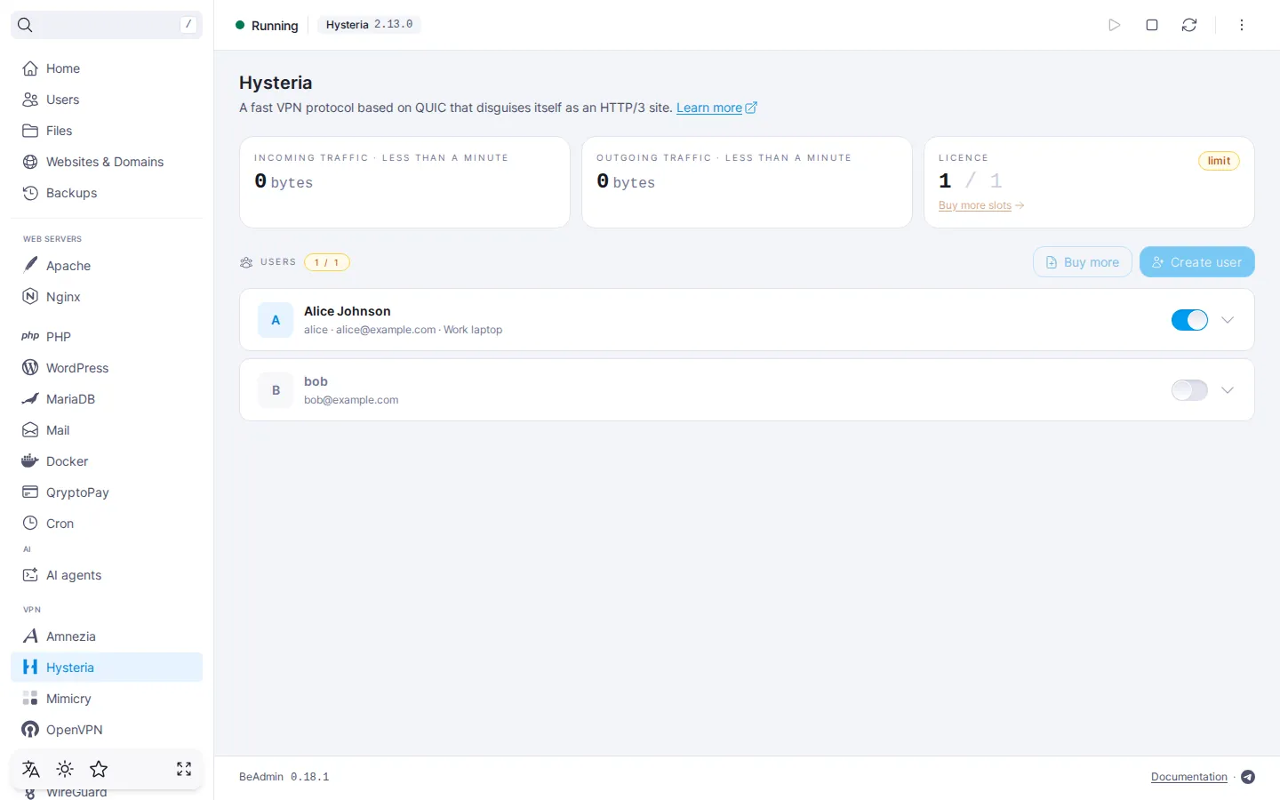 Hysteria module page header: state indicator, Hysteria chip, start, stop, and restart buttons, and the action menu