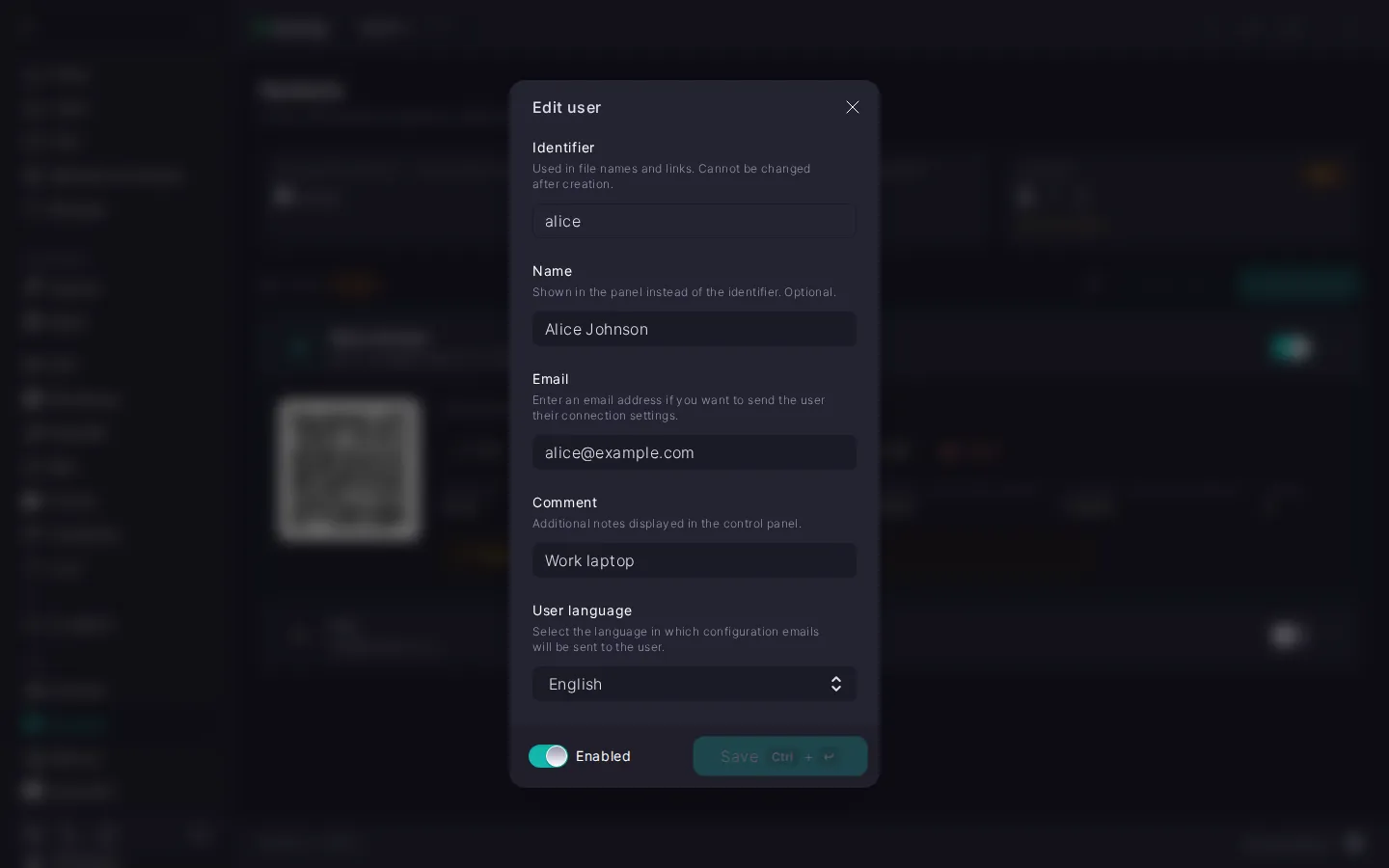 Hysteria edit user dialog with the read-only Identifier field, the Name, Email, and Comment fields, a User language list set to English, and the Enabled toggle