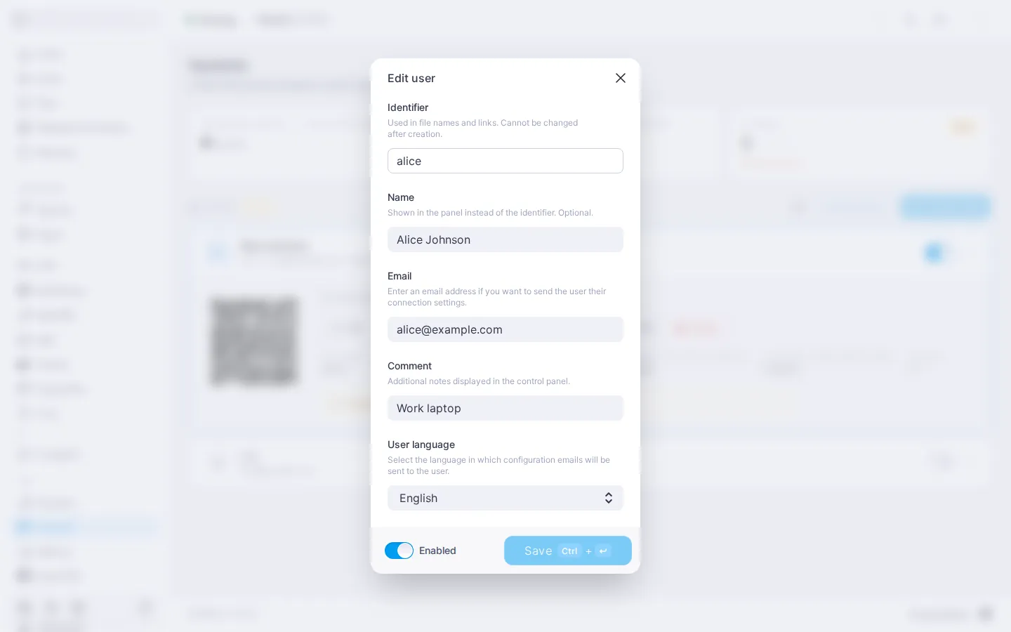 Hysteria edit user dialog with the read-only Identifier field, the Name, Email, and Comment fields, a User language list set to English, and the Enabled toggle