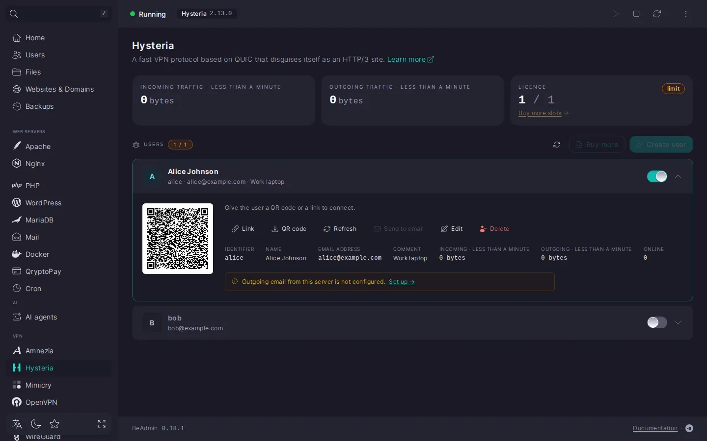 Expanded Hysteria user row: QR code, the Link, QR code, Refresh, Send to email, Edit, and Delete buttons, and tiles with identifier, name, email, traffic, and ONLINE status