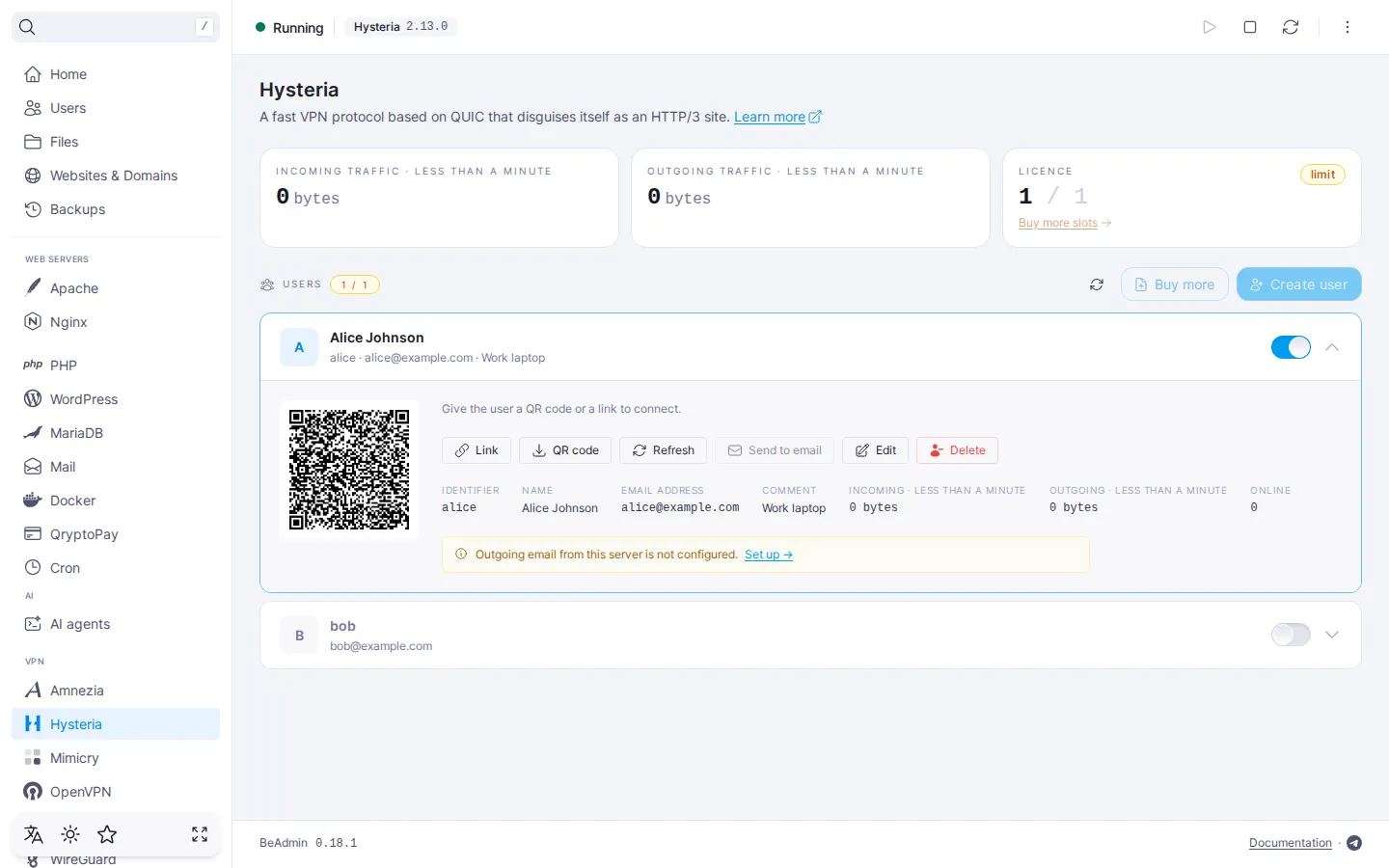Expanded Hysteria user row: QR code, the Link, QR code, Refresh, Send to email, Edit, and Delete buttons, and tiles with identifier, name, email, traffic, and ONLINE status