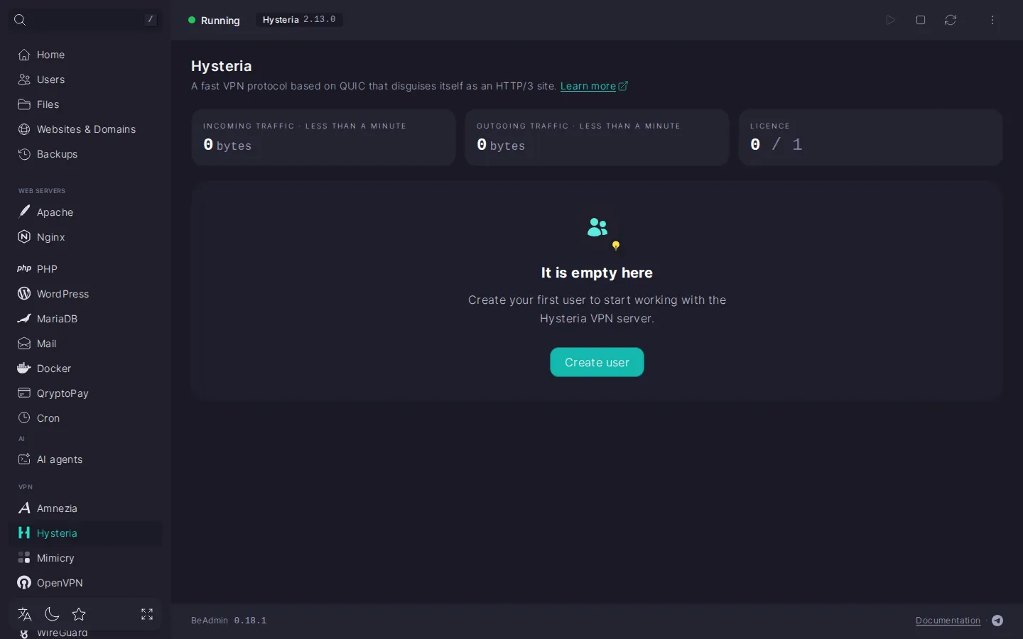 Hysteria module page right after install: service status, traffic and licence tiles, and an empty card with the Create user button