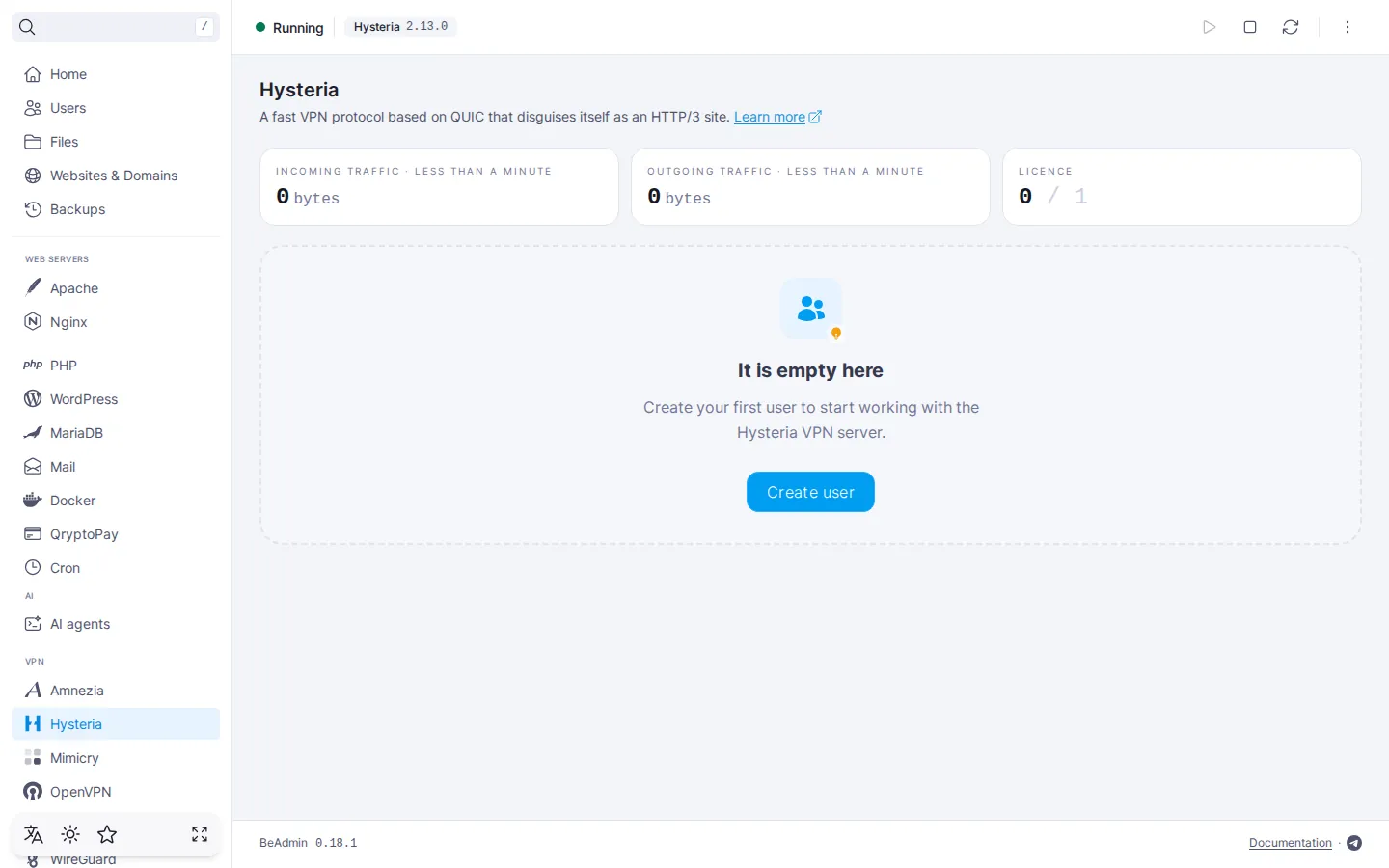 Hysteria module page right after install: service status, traffic and licence tiles, and an empty card with the Create user button