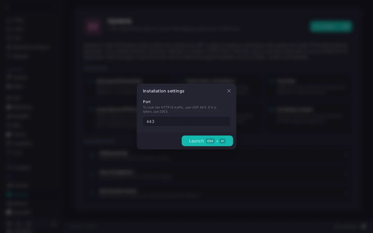 The Installation settings dialog of the Hysteria module with the Port field