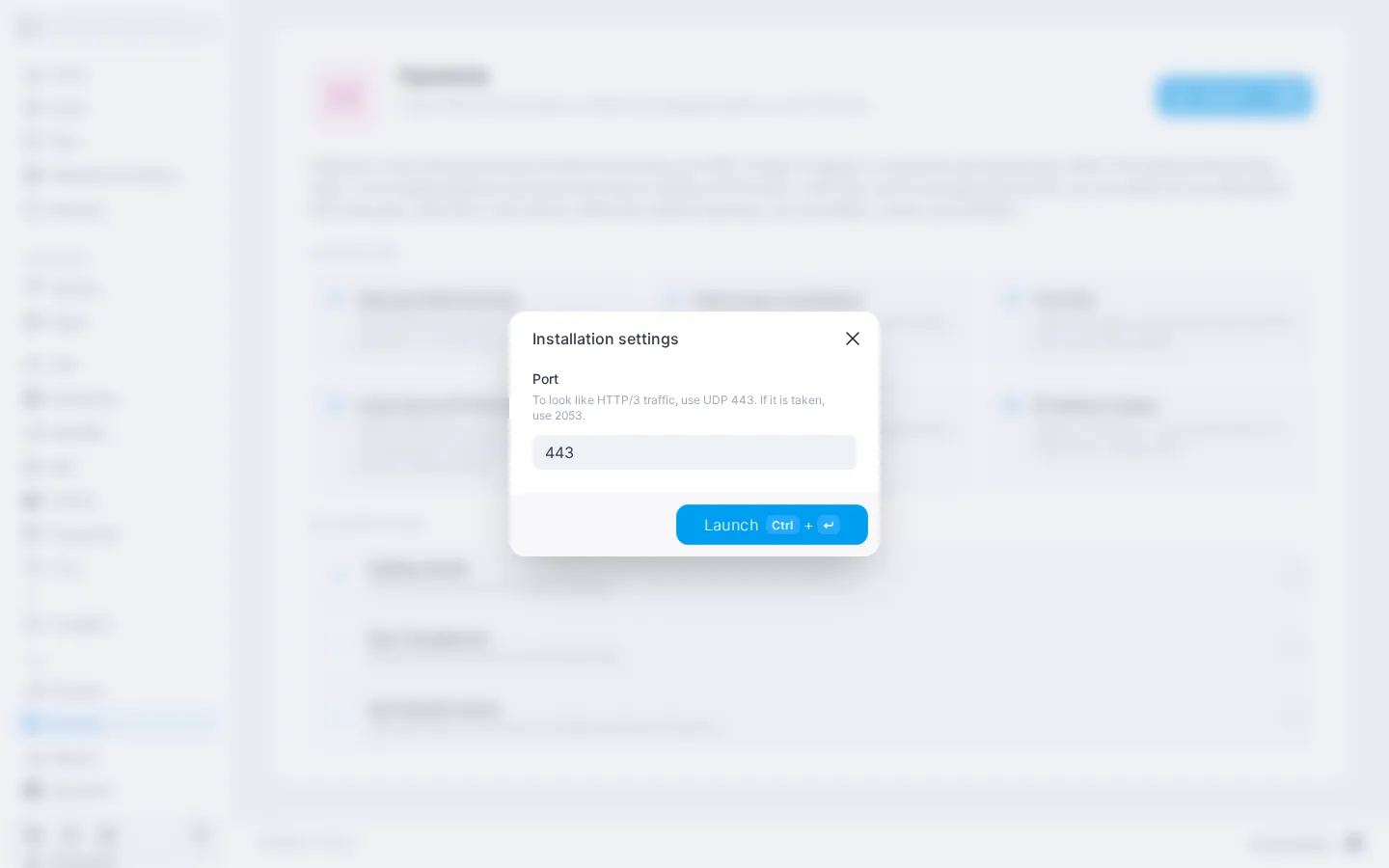The Installation settings dialog of the Hysteria module with the Port field
