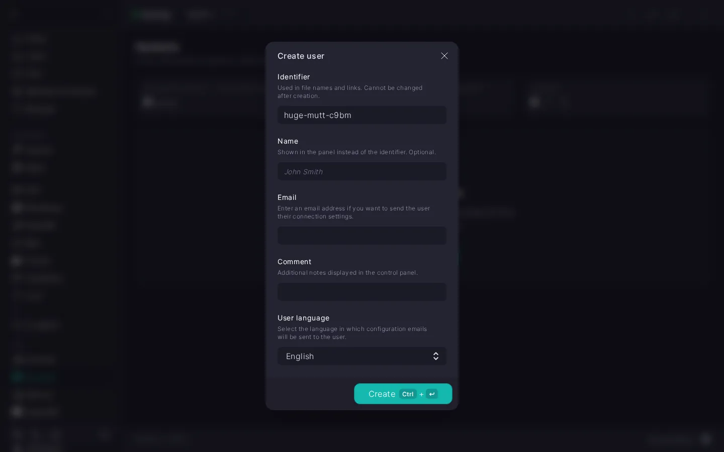 Hysteria create user dialog with the Identifier, Name, Email, Comment, and User language fields