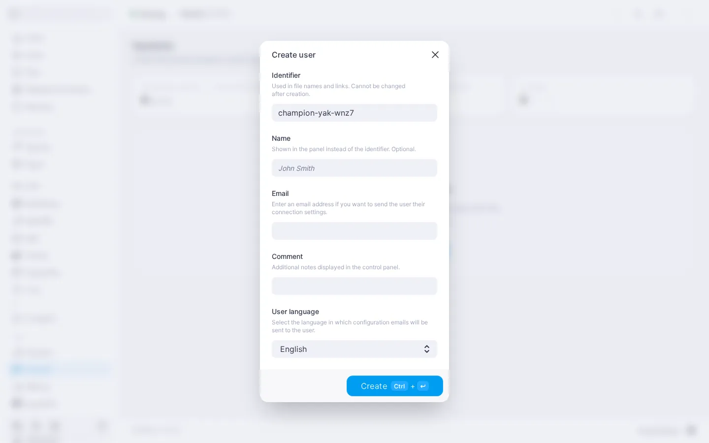 Hysteria create user dialog with the Identifier, Name, Email, Comment, and User language fields
