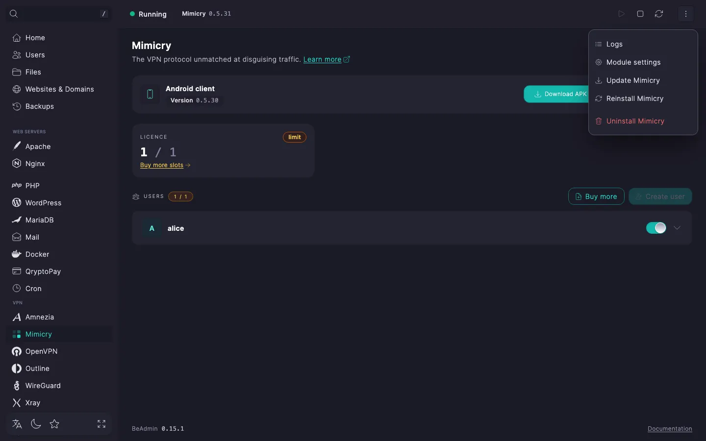 expanded Mimicry actions menu with Logs, Module settings, Update Mimicry, Reinstall Mimicry and Uninstall Mimicry entries