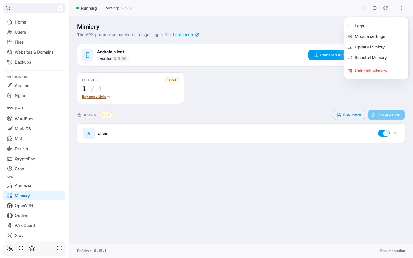 expanded Mimicry actions menu with Logs, Module settings, Update Mimicry, Reinstall Mimicry and Uninstall Mimicry entries