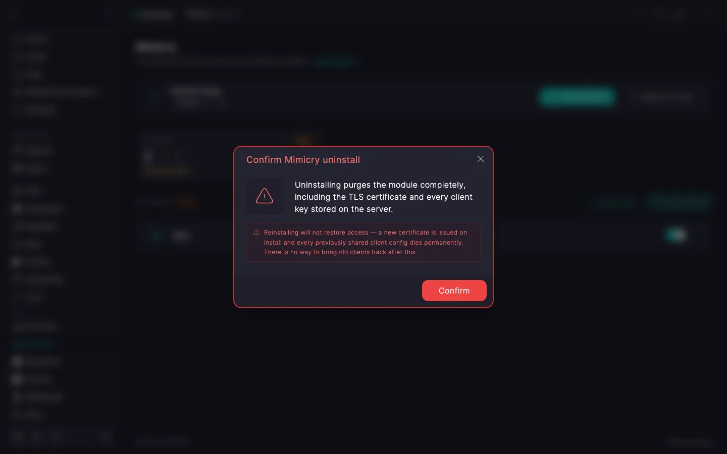 Mimicry module uninstall confirmation dialog with the purge warning and the Confirm button