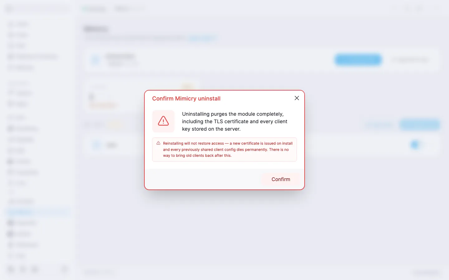 Mimicry module uninstall confirmation dialog with the purge warning and the Confirm button