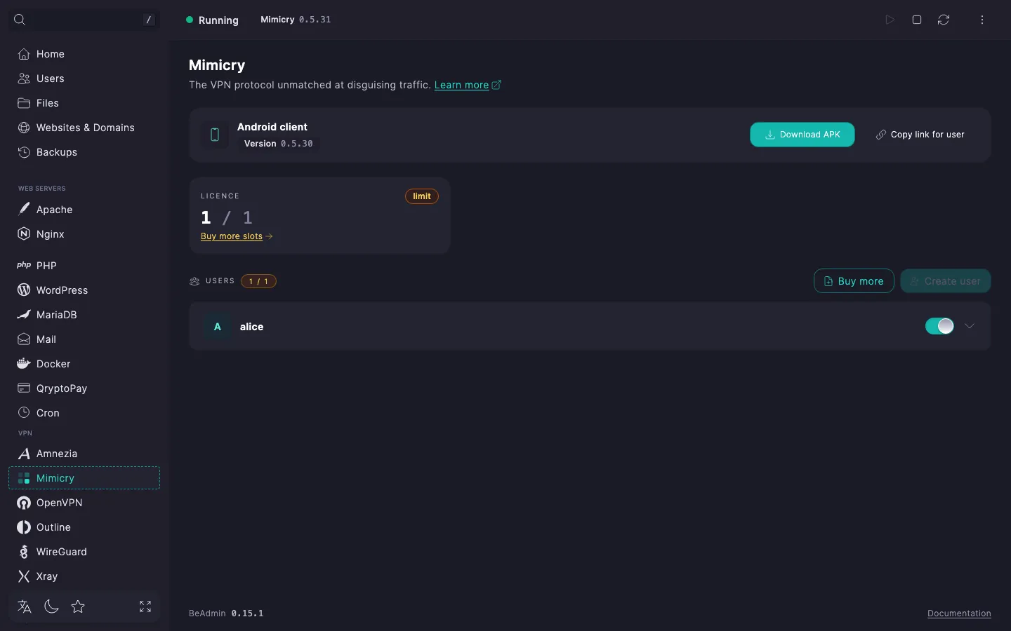 Mimicry module page header — status indicator, Mimicry version chip, start, stop and restart buttons, and the actions menu