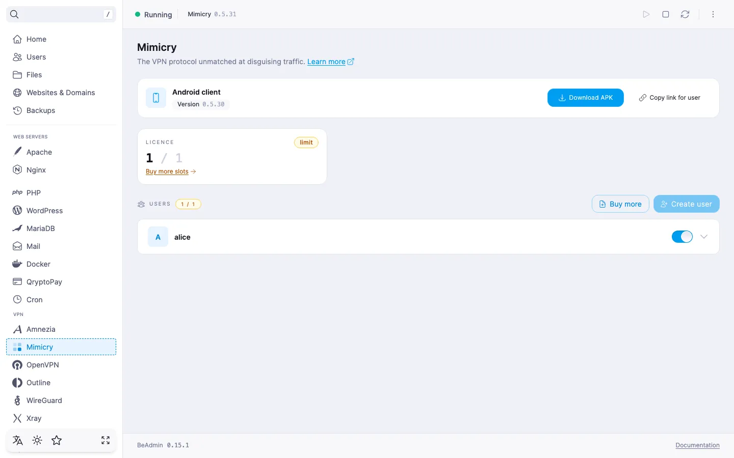 Mimicry module page header — status indicator, Mimicry version chip, start, stop and restart buttons, and the actions menu
