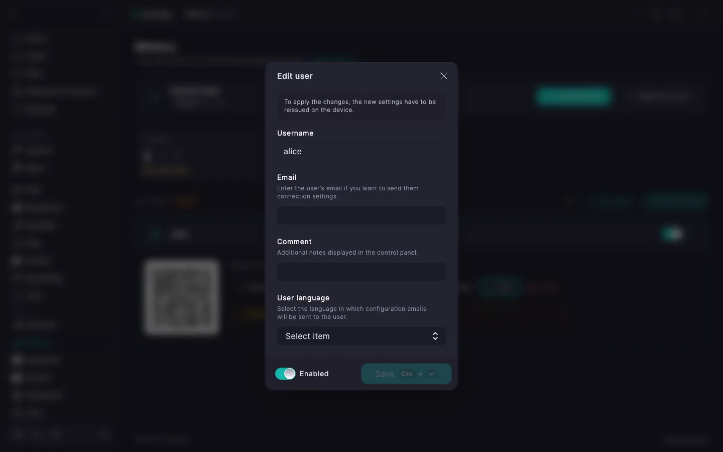 Mimicry edit user dialog with the User language dropdown set to English
