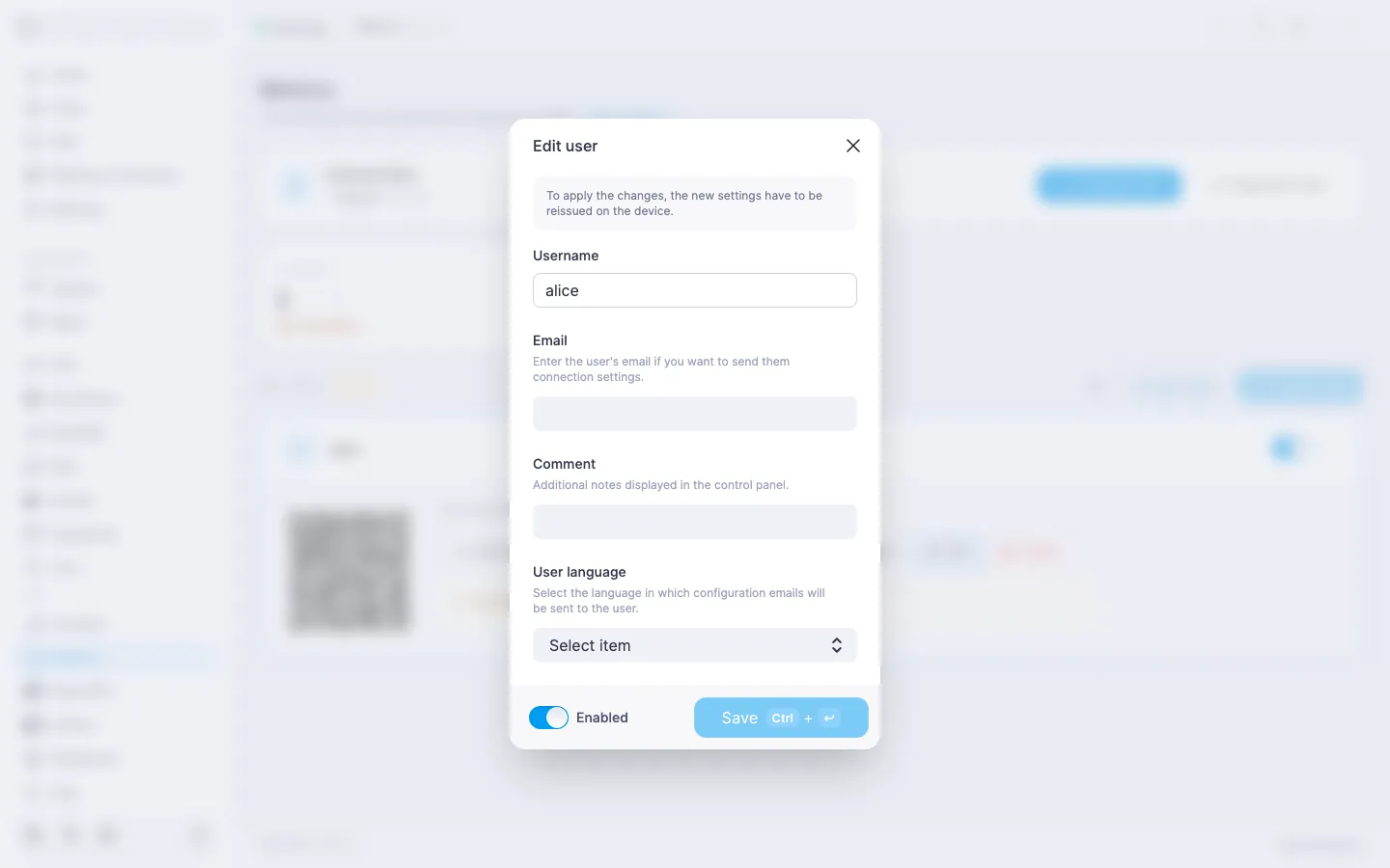 Mimicry edit user dialog with the User language dropdown set to English