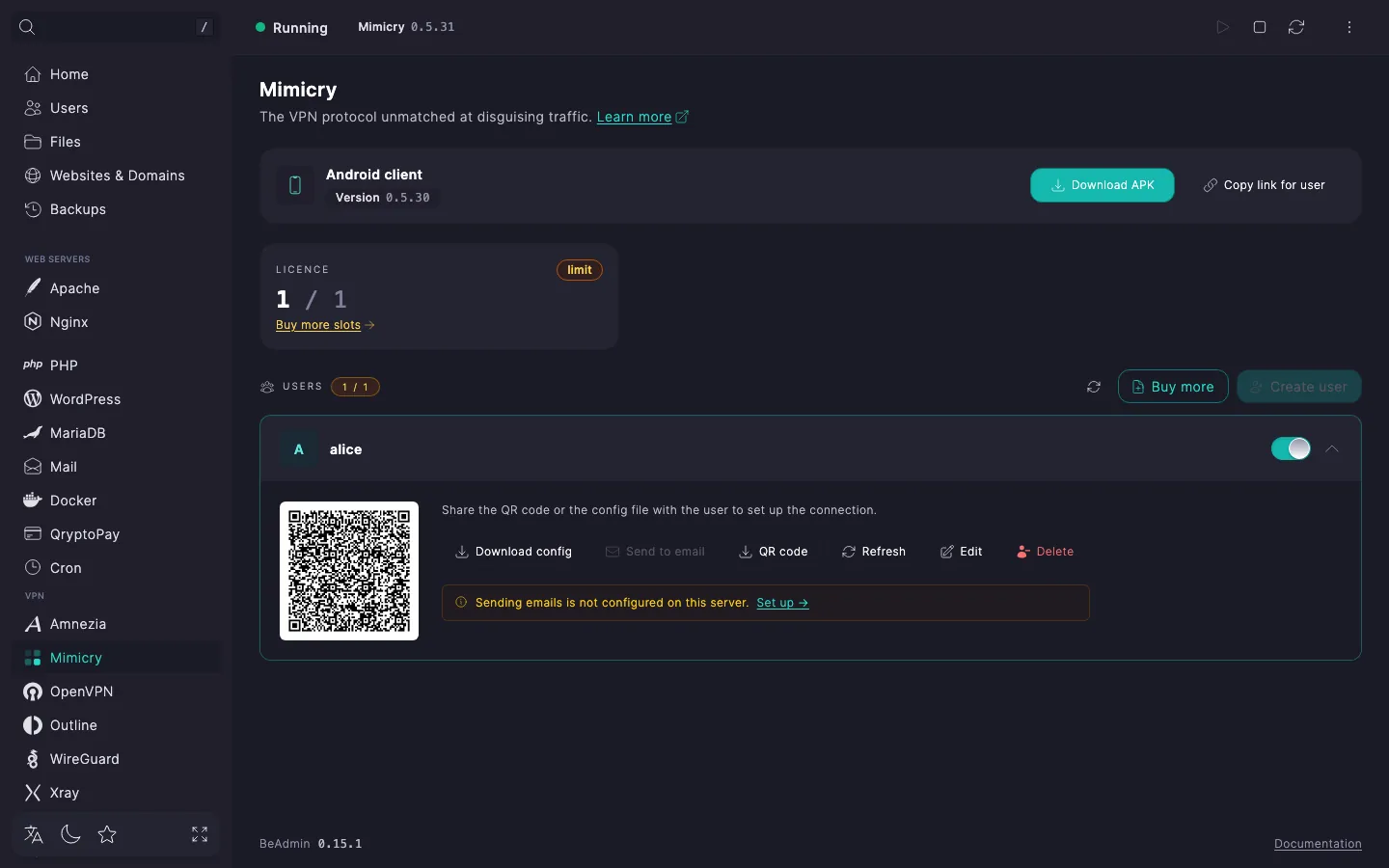 expanded Mimicry user row with a QR code, email and comment tiles, and Download config, Send to email, QR code, Refresh, Edit, Delete buttons