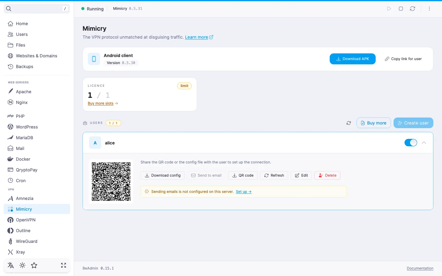 expanded Mimicry user row with a QR code, email and comment tiles, and Download config, Send to email, QR code, Refresh, Edit, Delete buttons