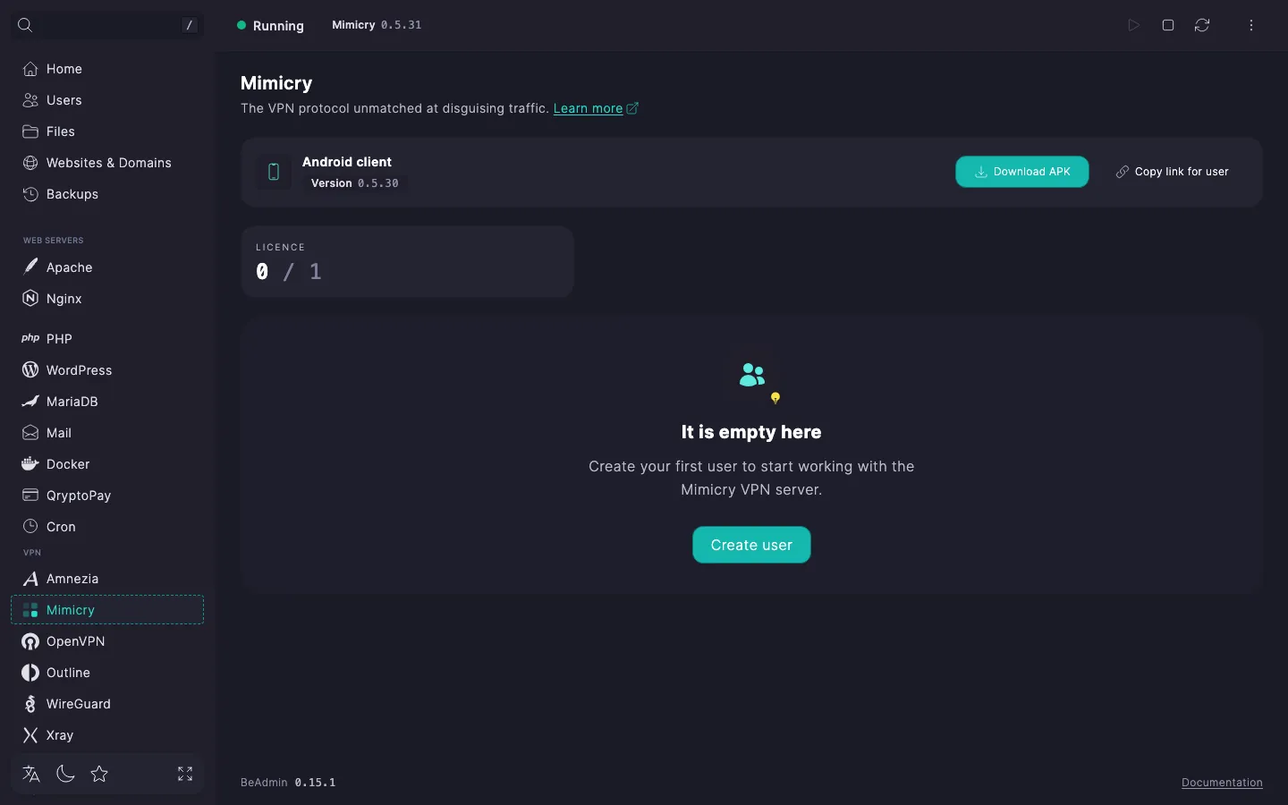 Mimicry module page right after install — service status and an empty card with the Create user button
