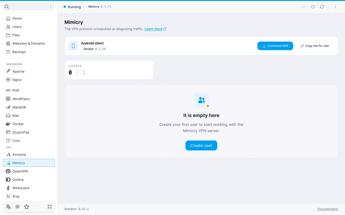 Mimicry module page right after install — service status and an empty card with the Create user button