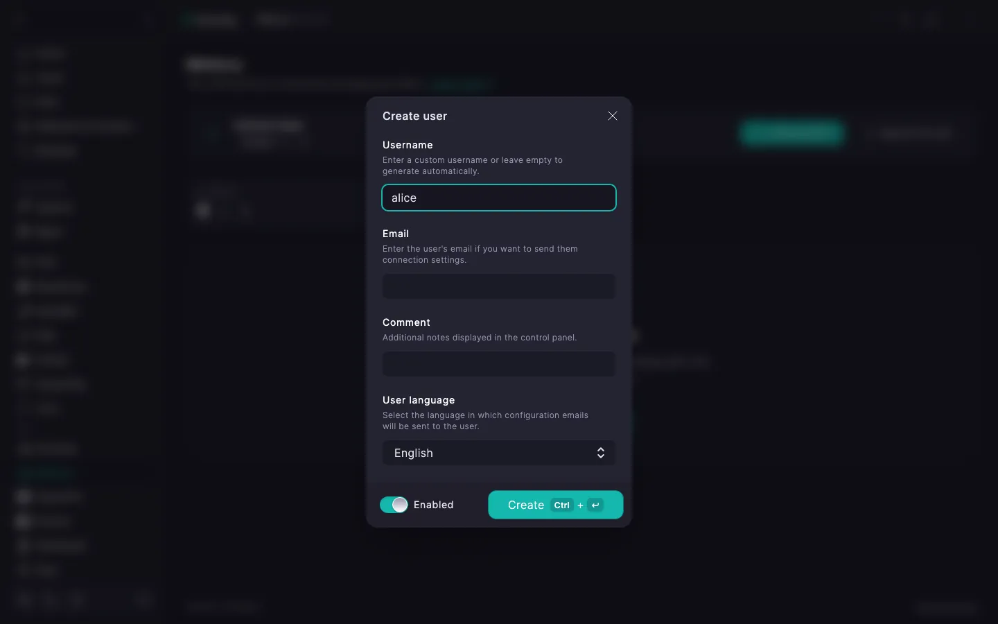 Mimicry create user dialog with Username, Email, Comment, User language fields and the Enabled toggle