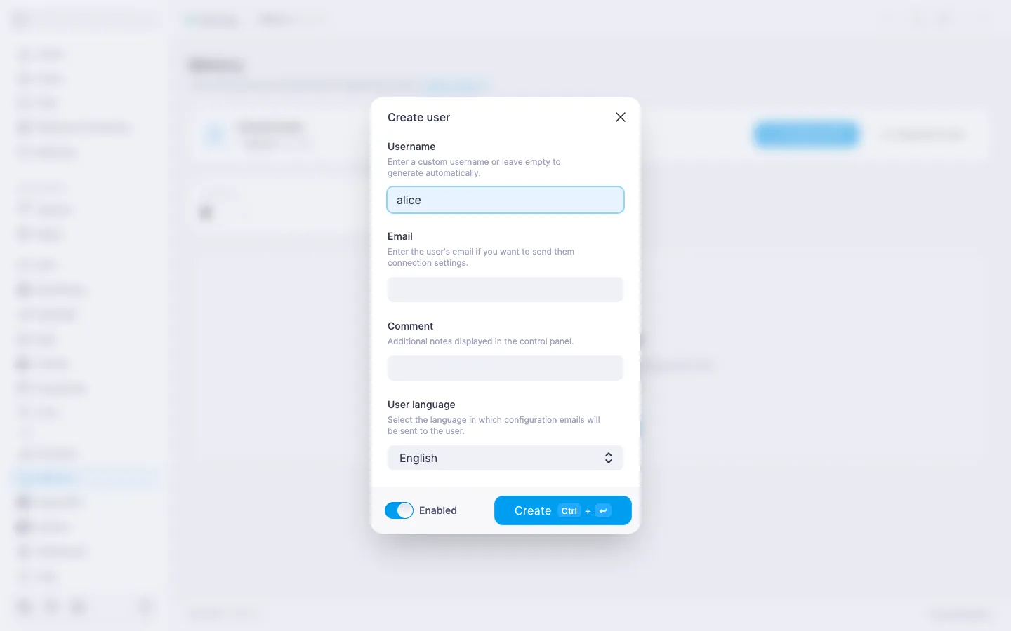 Mimicry create user dialog with Username, Email, Comment, User language fields and the Enabled toggle