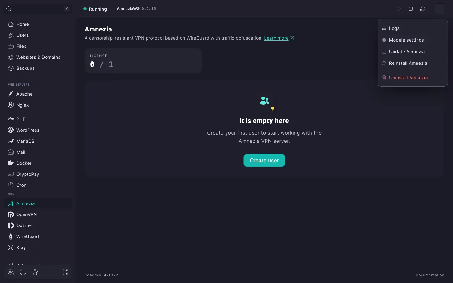Expanded Amnezia actions menu with Logs, Module settings, Update Amnezia, Reinstall Amnezia and Delete Amnezia entries