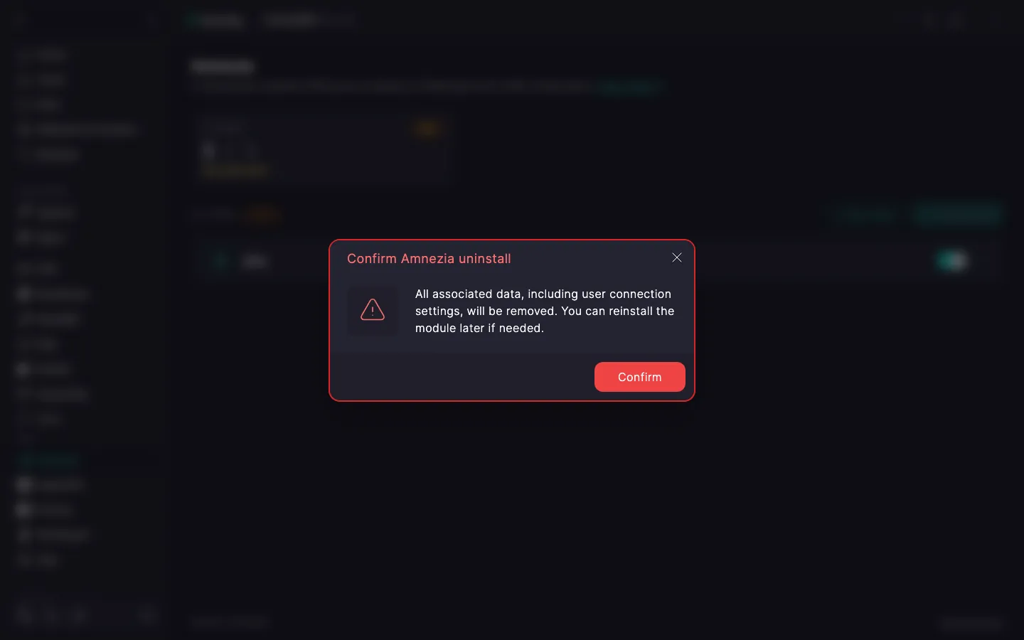 Amnezia module deletion confirmation dialog with a warning and a Confirm button