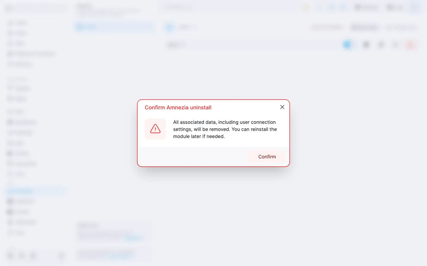 Module uninstall confirmation dialog with a warning and the “Confirm” button