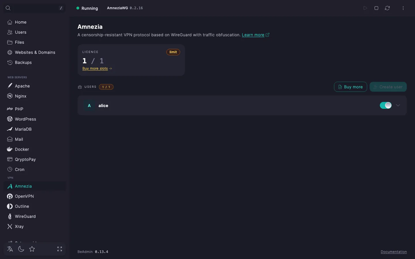 Amnezia module page header: status indicator, AmneziaWG chip, start, stop and restart buttons, and the actions menu