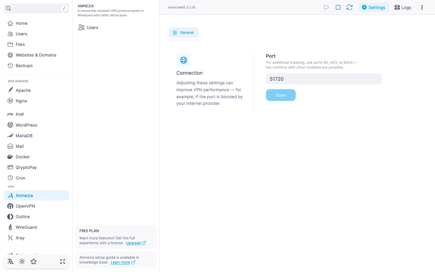 Amnezia module “Settings” tab with the “Connection” section, the UDP port field and the “Save” button