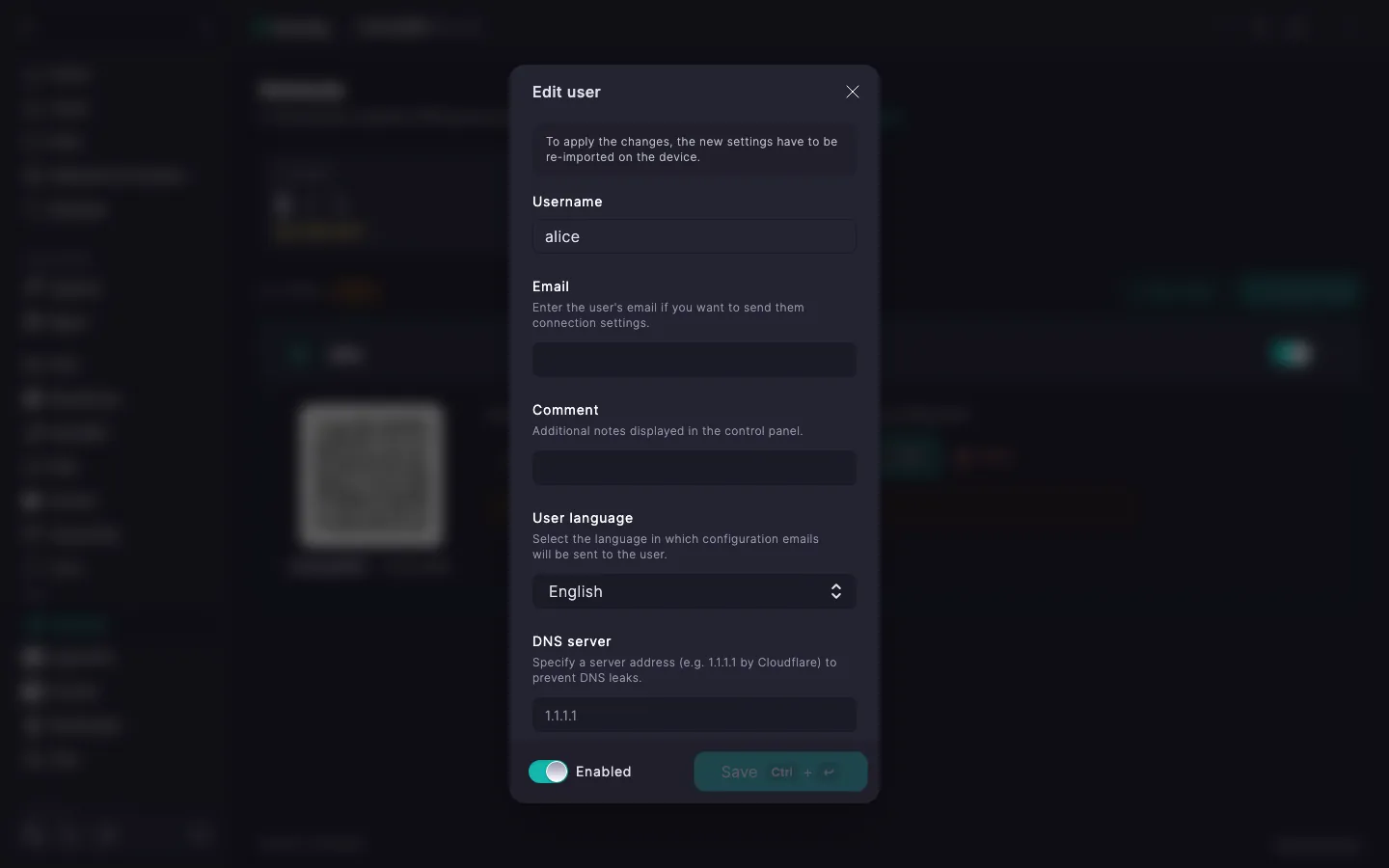 Amnezia edit user dialog with the User language dropdown set to English
