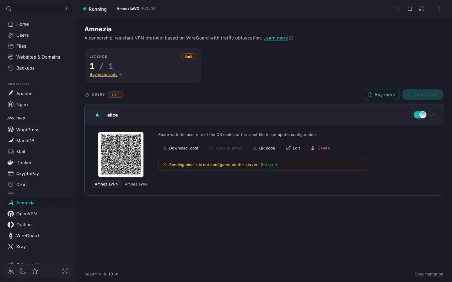 Expanded Amnezia user row with the AmneziaVPN tab active, a QR code, email and comment tiles, and Download .conf, Email, QR code, Edit, Delete buttons