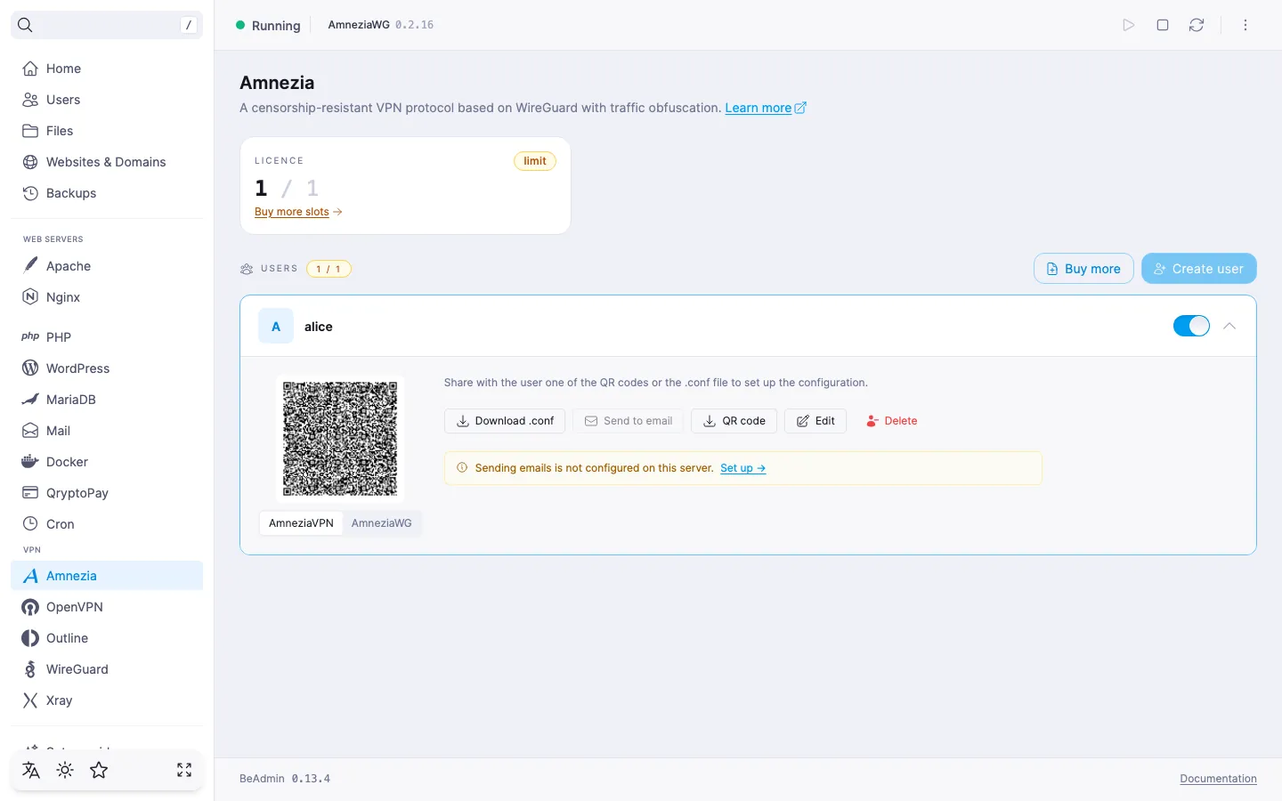 Expanded Amnezia user row with the AmneziaVPN tab active, a QR code, email and comment tiles, and Download .conf, Email, QR code, Edit, Delete buttons