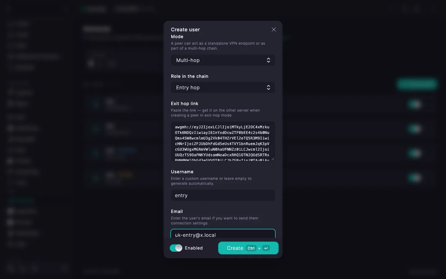 The Amnezia entry-hop create dialog: «Multi-hop» mode, «Entry hop» role and the «Exit hop link» field with an awgmh:// link pasted in