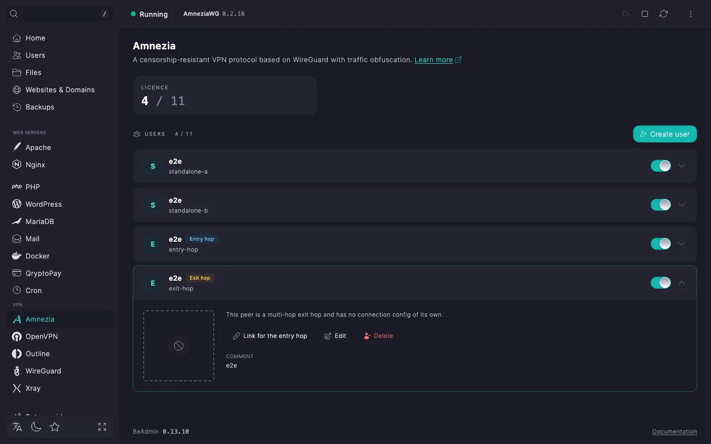 An expanded Amnezia exit-hop user row: a placeholder instead of a QR code, a note that it has no connection config of its own, and the «Link for the entry hop» button