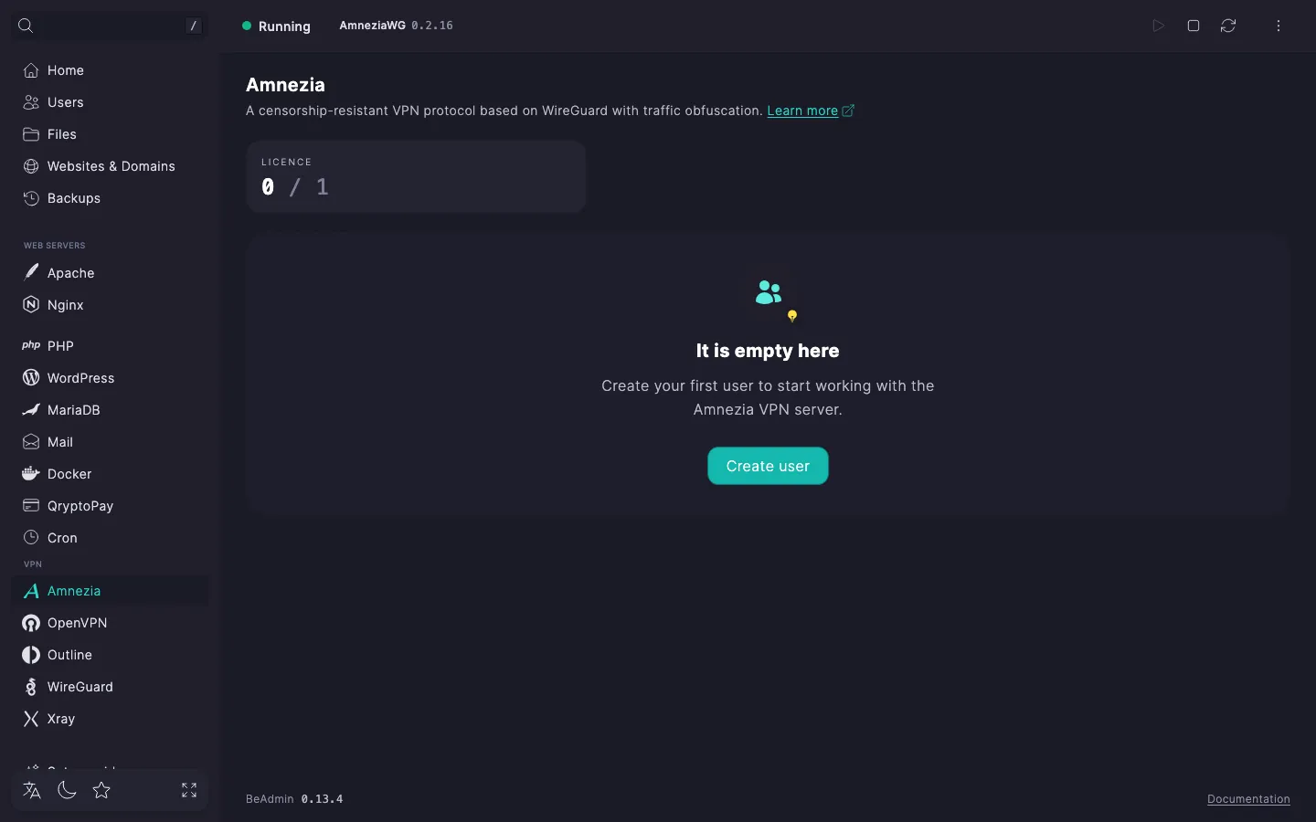 Amnezia module page right after install: service status, licence tile, and an empty card with the Create user button