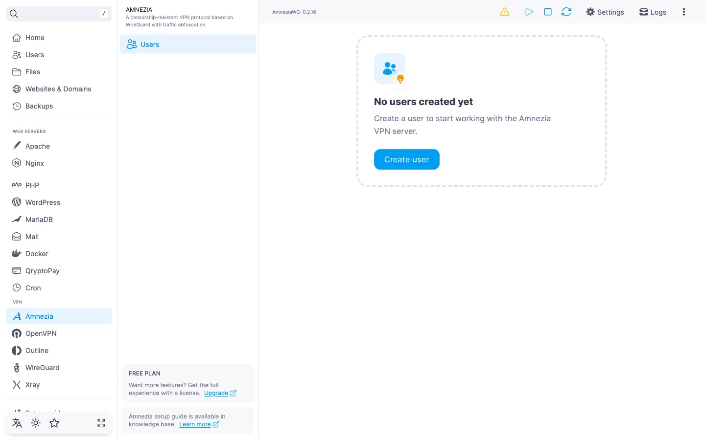 Amnezia module page right after installation: an empty user list and the “Create user” button