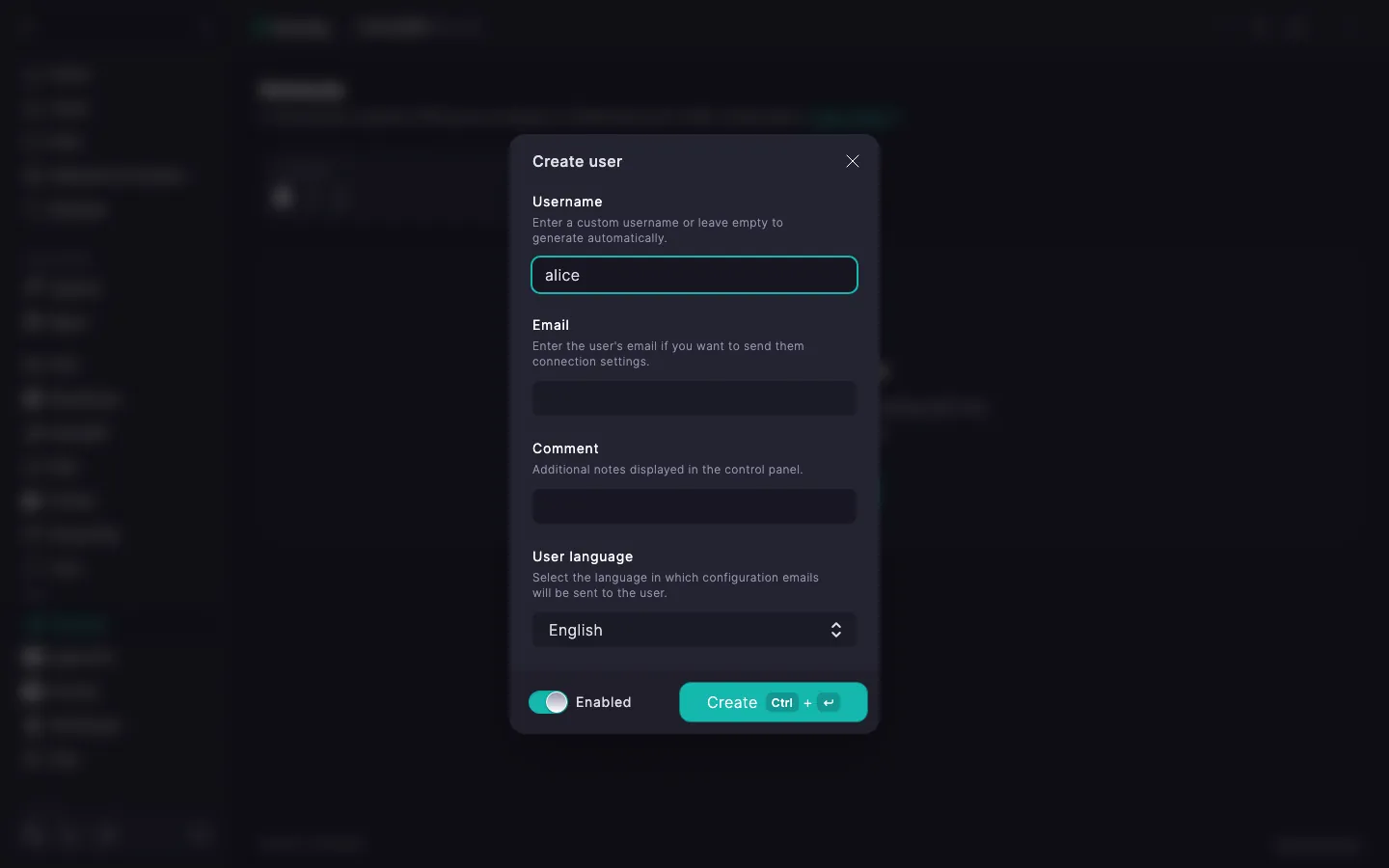 Amnezia create user dialog with Username, Email, Comment, User language fields and the Enabled toggle