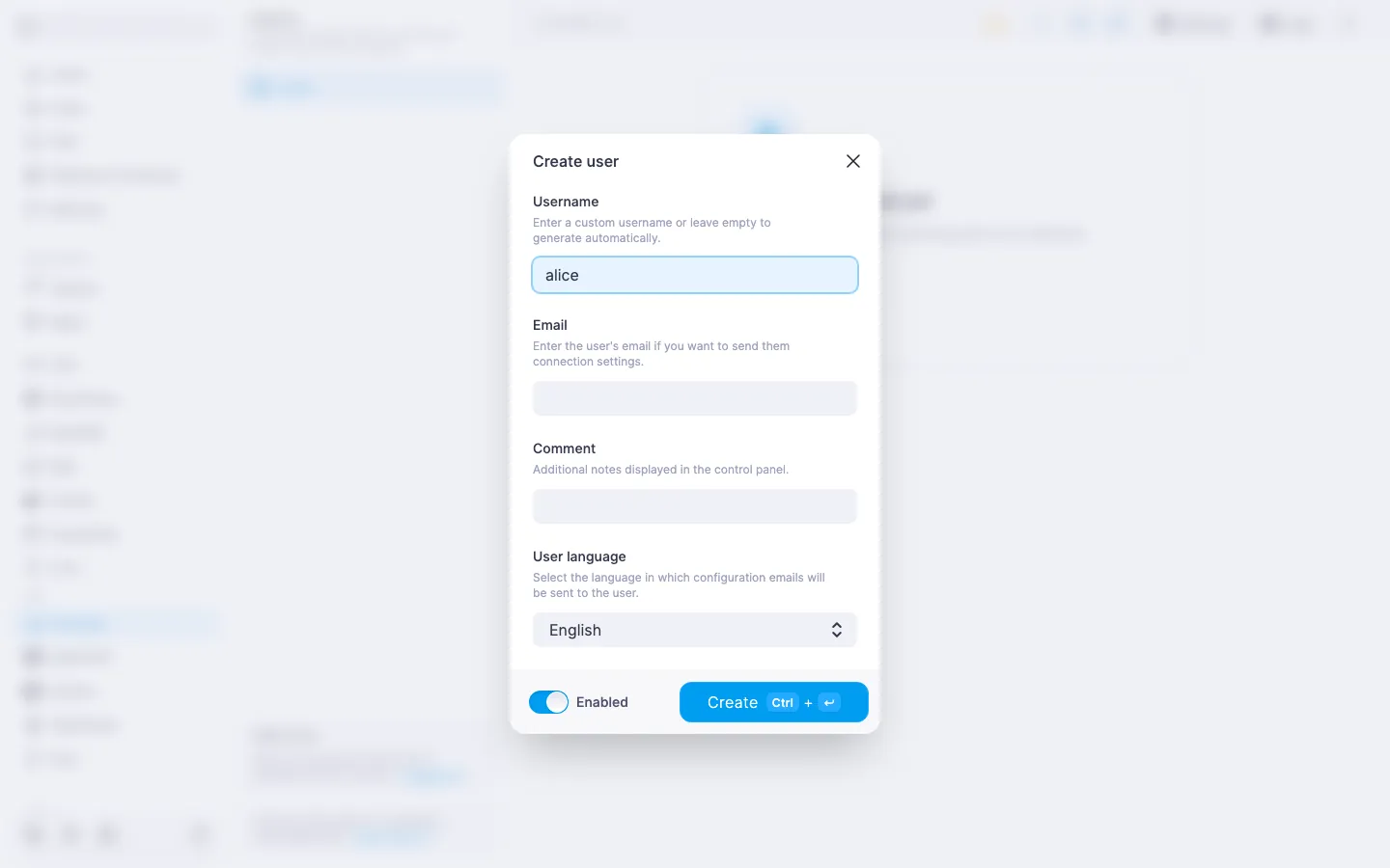 Amnezia create-user dialog with username `alice` filled in and the “User language” field set to English