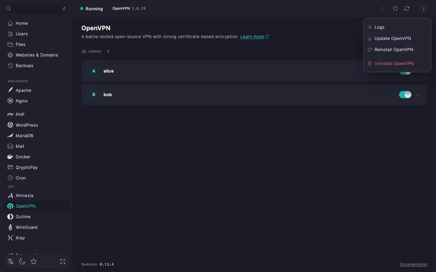 Expanded OpenVPN actions menu with Logs, Update OpenVPN, Reinstall OpenVPN, and Delete OpenVPN entries