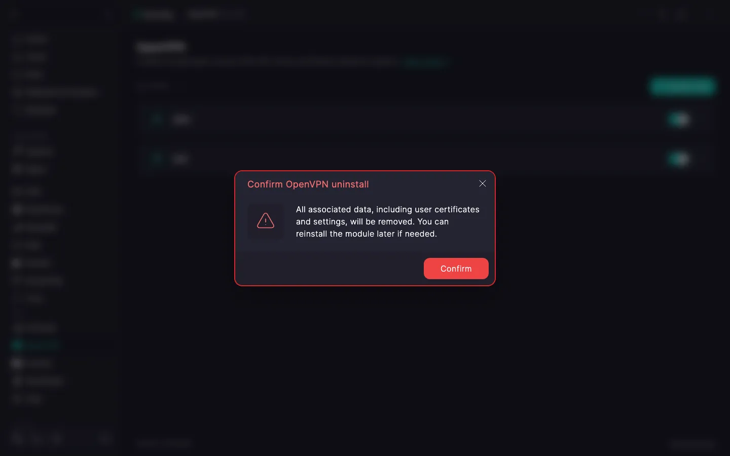 OpenVPN module deletion confirmation dialog with a warning and a Confirm button