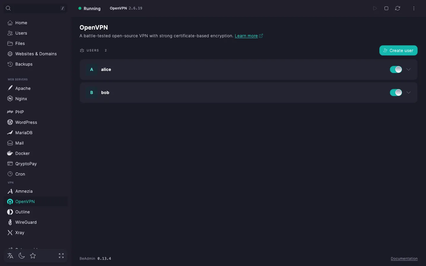 OpenVPN module page header: status indicator, OpenVPN chip, start, stop and restart buttons, and the actions menu