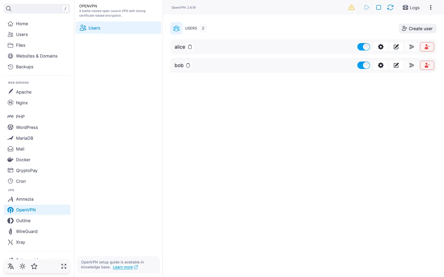 OpenVPN module page with the “Start”, “Stop” and “Restart” service controls and the VPN user list