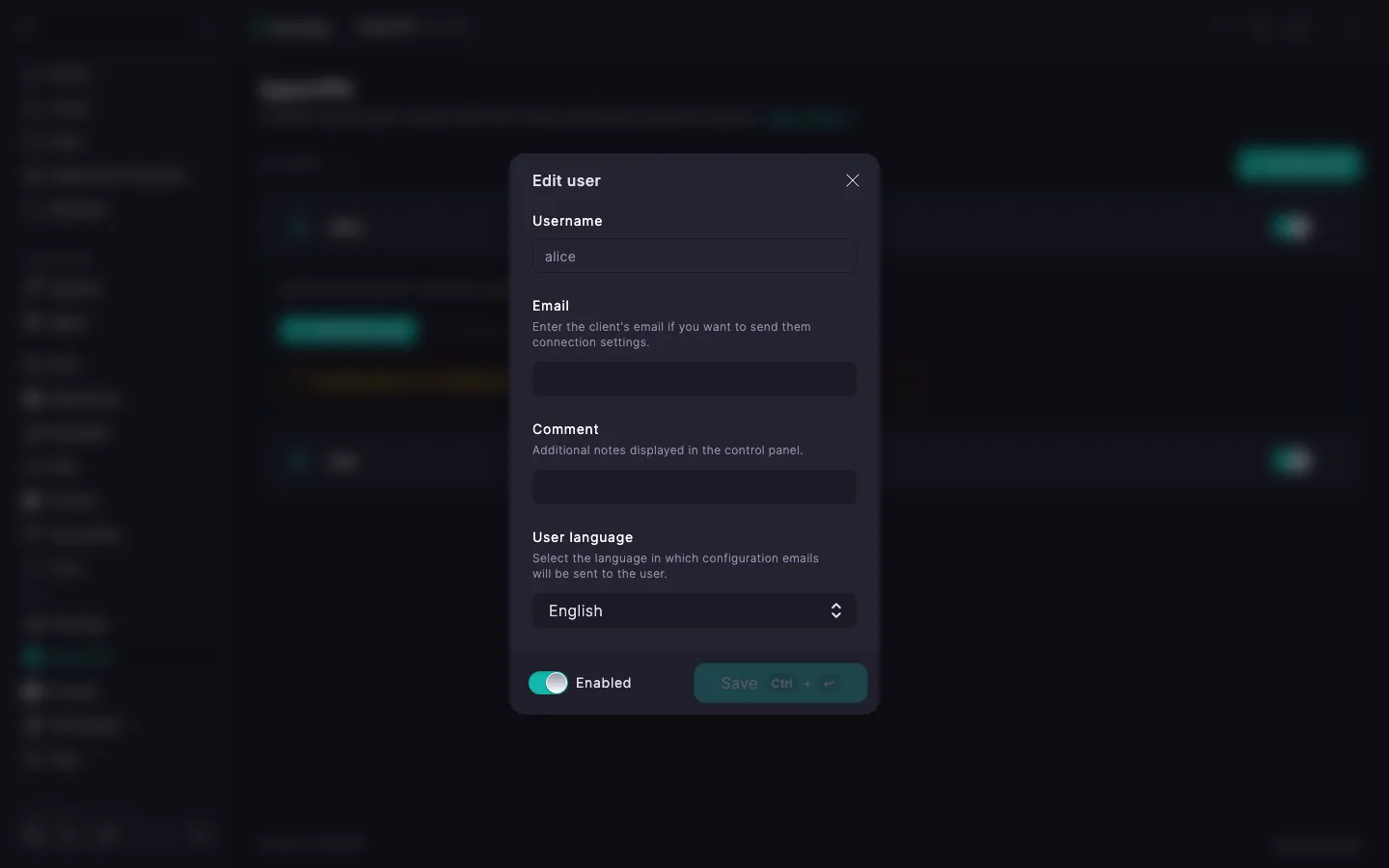 OpenVPN edit user dialog with the User language dropdown set to English